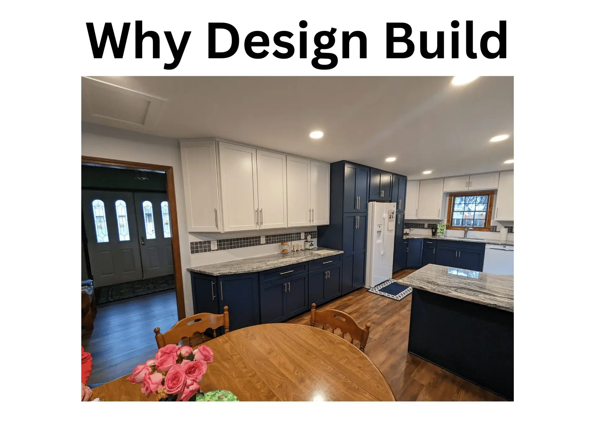 Why Design Build graphic showing a kitchen with navy cabinets, a white island and wood floors