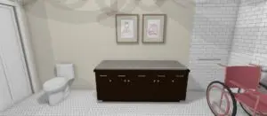 Accessible bathroom rendering with a dark vanity, toilet and wheelchair